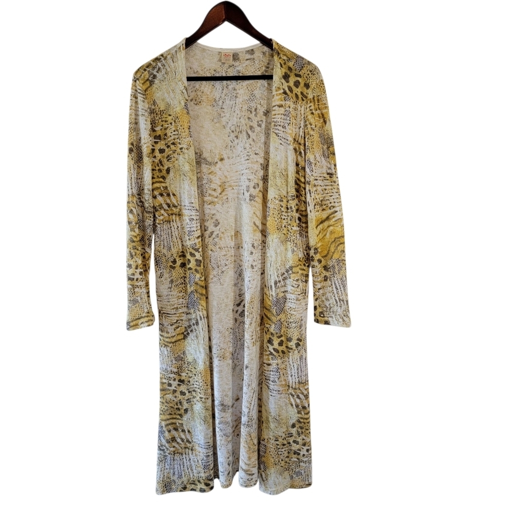 I Joah Yellow Brown Open Front Long Duster Cardigan Sz L Boho Old Money USA Cozy
